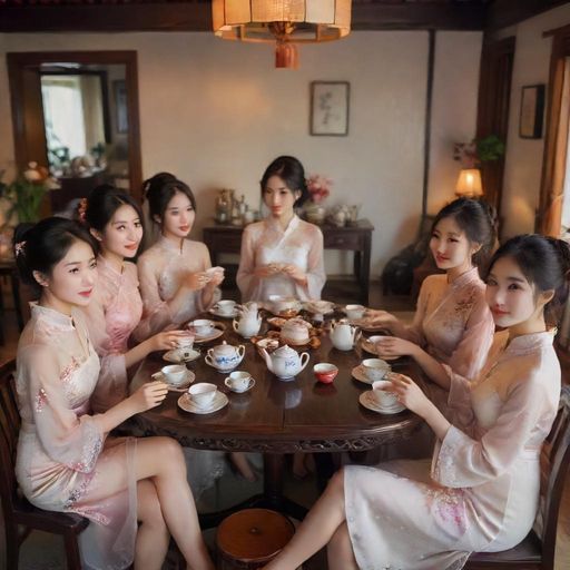 朋友围坐一起品茶的欢乐场景
