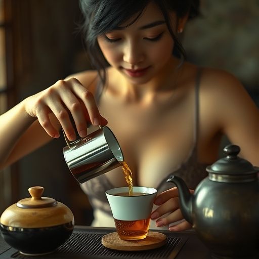茶艺师优雅冲泡茶叶的特写