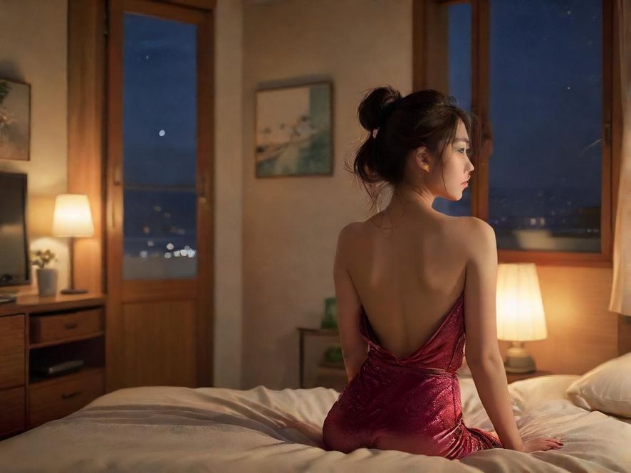 一位女性坐在舒适的室内环境中，背影朝向远方，画面呈现宁静放松的氛围，以治愈系插画风格描绘。