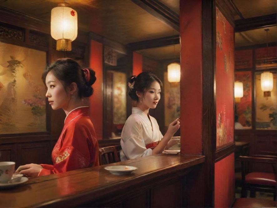 广州一家茶馆的内部场景，装饰温馨，有顾客正在悠闲地品茶交谈，展现出现代中式风格。