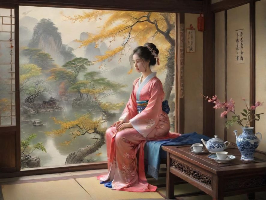 一位优雅的女士在宁静的茶室中品茶，侧面近景构图，柔和的光线洒落在她身上，营造出放松而专注的氛围。