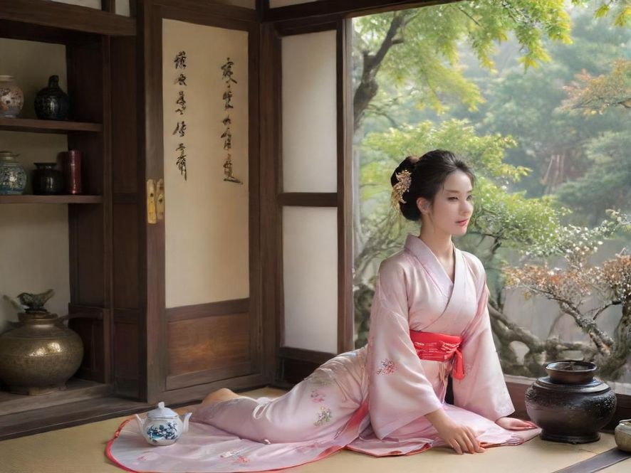 广州喝茶美女在古风茶室中的唯美特写
