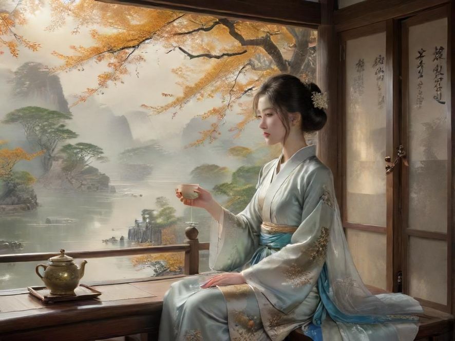 一间充满暖色调光影的中式茶馆内景，弥漫着电影般的温馨氛围，桌上摆放着精致的茶具。