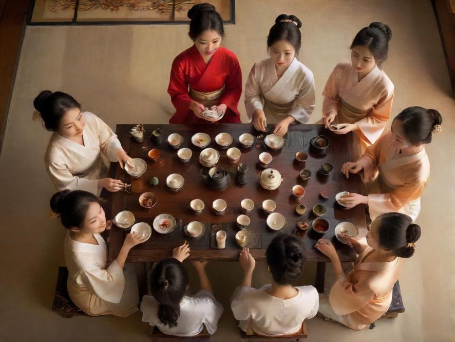 一位茶艺师正在茶席上进行茶道表演，动作优雅，光线柔和，背景是传统的茶室装饰。