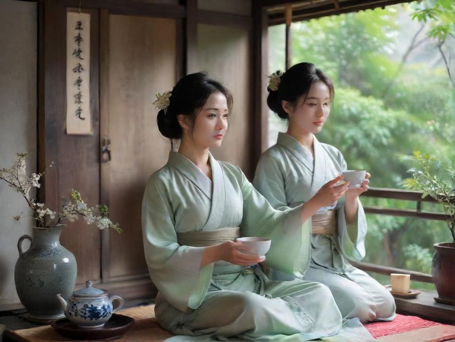 广州喝茶美女在古风茶室中的唯美瞬间