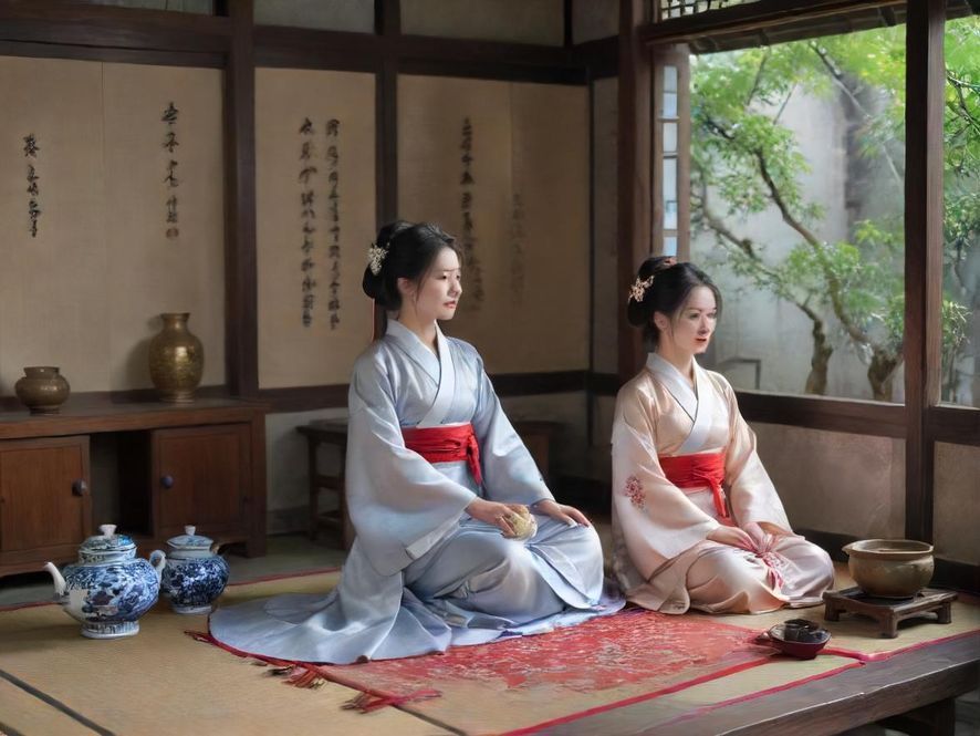 一个充满东方韵味的私密茶室，光线柔和，茶具精致，营造出宁静放松的氛围。