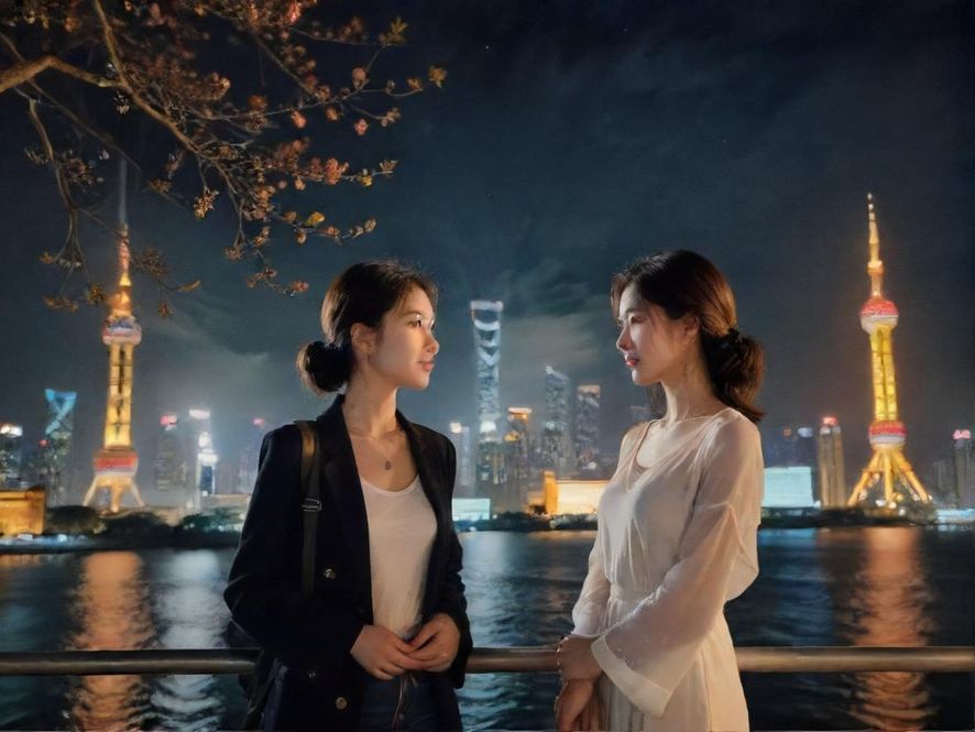 一个时尚的休闲区域，窗外是夜晚璀璨的城市天际线景观。