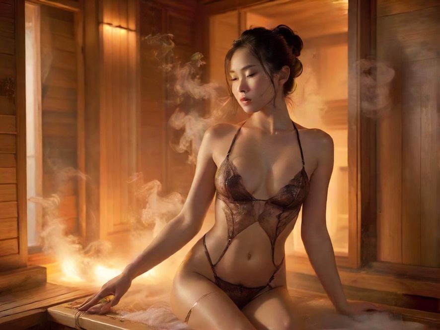 豪华桑拿房室内特写，温暖柔光与蒸汽弥漫，营造出极致放松的氛围。