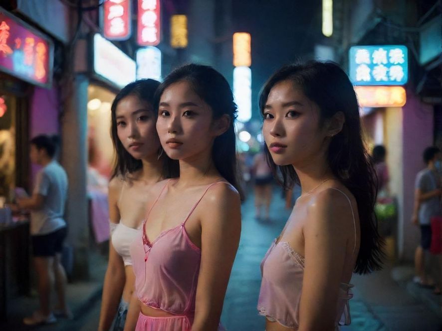 广州夜色街头，行人匆匆，霓虹灯影模糊，仿佛在寻找城市的某个隐秘角落