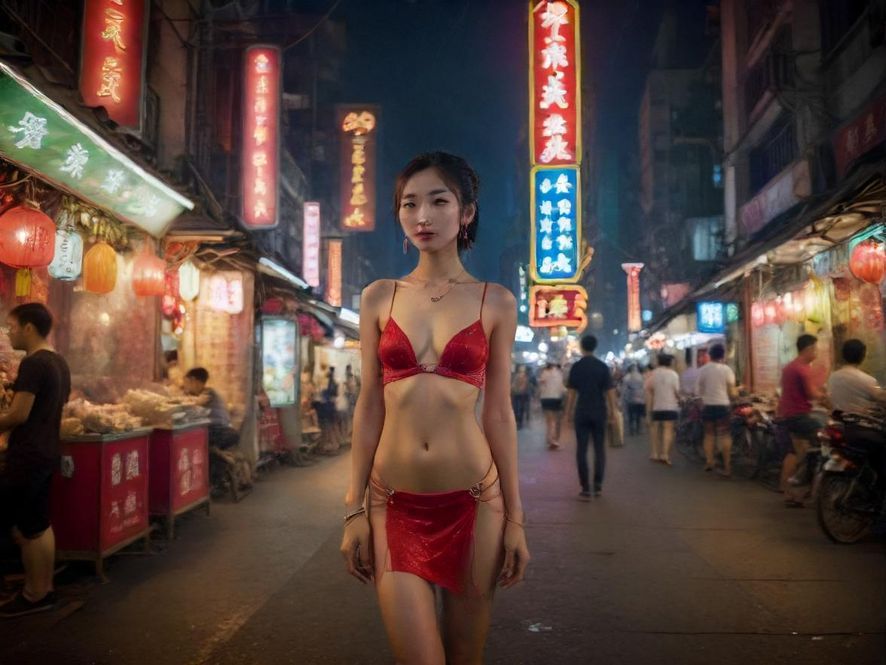 广州夜晚街头，霓虹闪烁