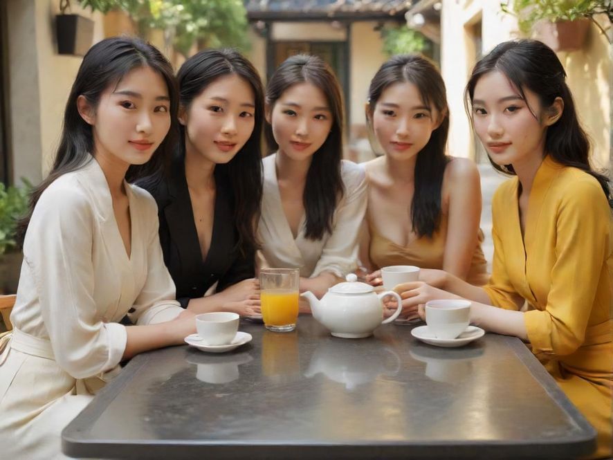 深圳户外茶室一角，庭院绿意盎然，茶桌旁友人围坐品茶