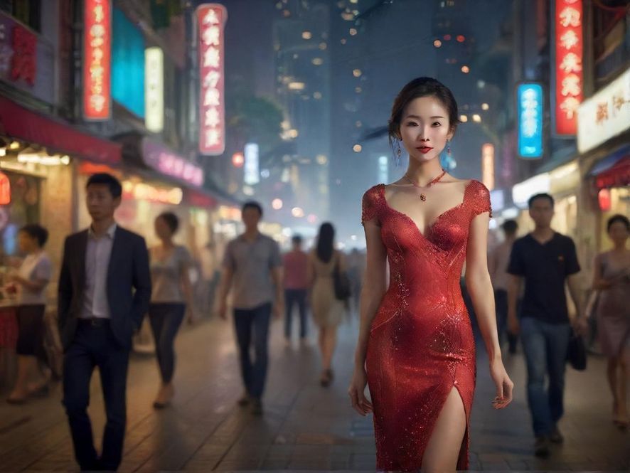 深圳城市夜景，灯光闪烁，人群模糊