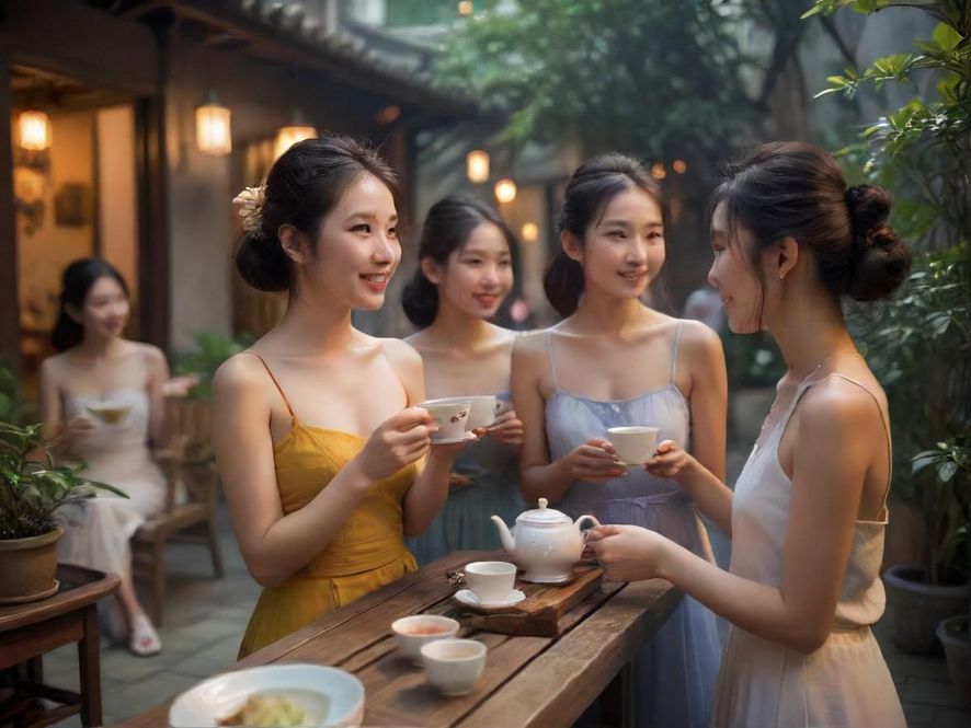 广州茶会现场，茶友围坐品茶，庭院绿意盎然