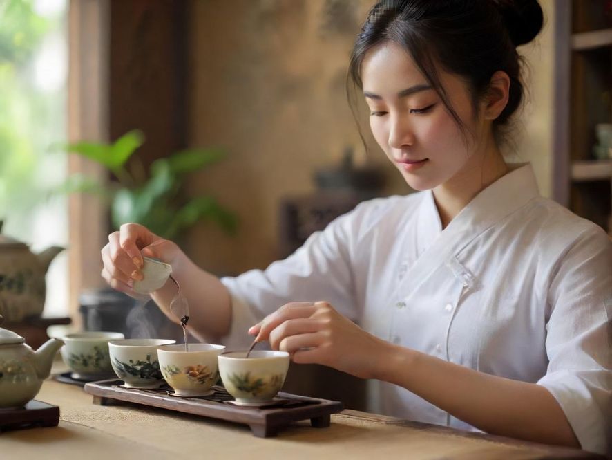 一名茶艺师正在为客人泡茶的特写，景深虚化，写实摄影风格，背景是雅致的茶室，营造出宁静的氛围。