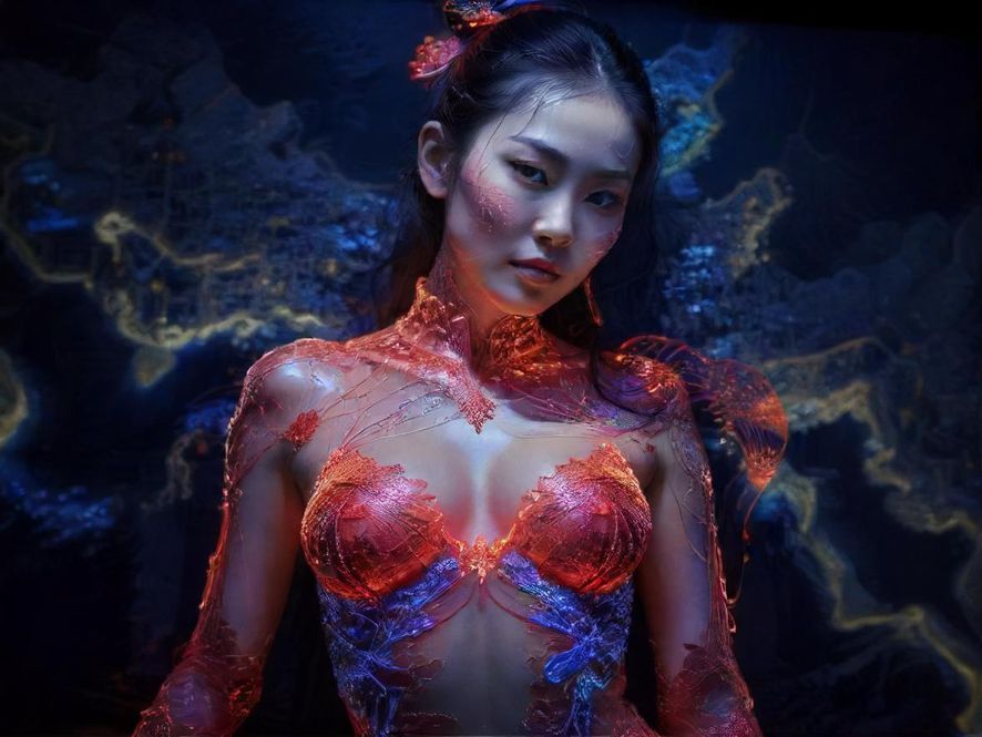 一幅概念化的广东地图，上面标记着闪烁的霓虹灯点，代表着休闲娱乐场所，周围环绕着象征信息流动的线条。