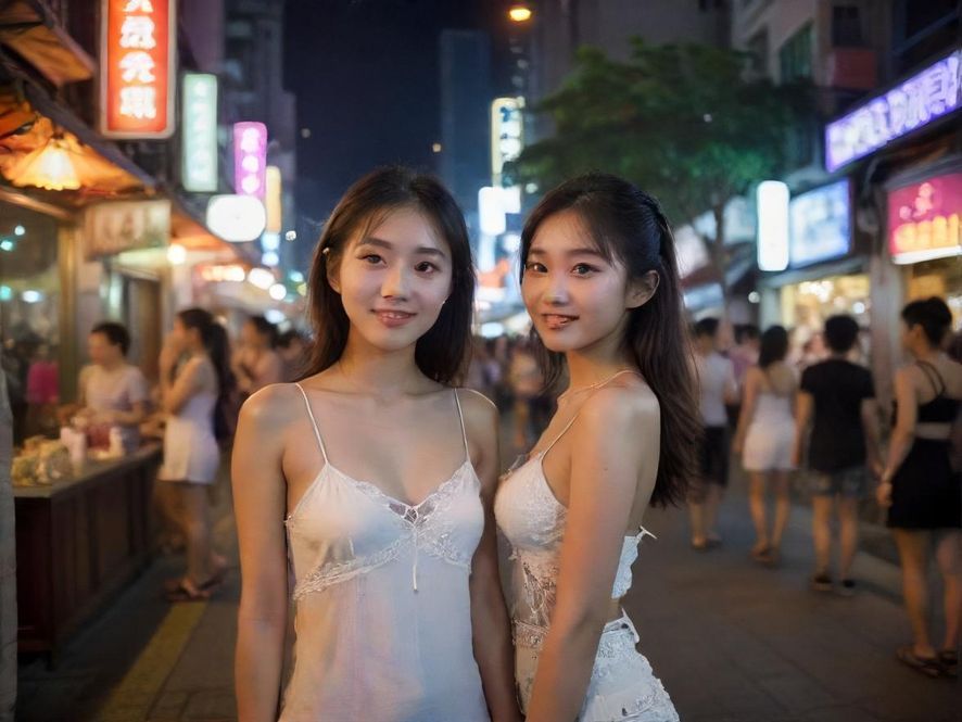 一群年轻人在深圳繁华的夜景中，在户外街头愉快地聊天和休闲，展现出城市的活力。