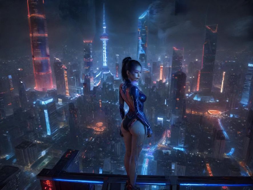 俯瞰繁华都市夜景，霓虹闪烁，高楼林立，充满神秘与诱惑。