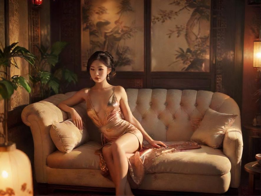 温馨私密的会所内部，柔和灯光下，舒适的沙发和精致的装饰营造出放松氛围。