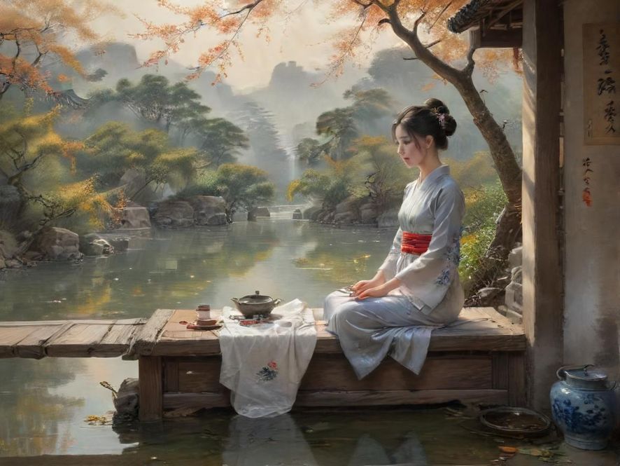 江南茶室湖边美景环境