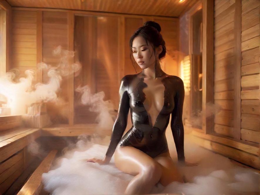 一个舒适的桑拿房内部，蒸汽弥漫，营造出温暖放松的氛围。