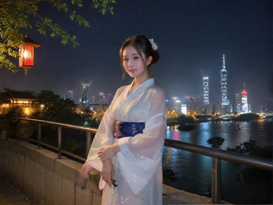 璀璨的城市夜景，远处霓虹灯闪烁