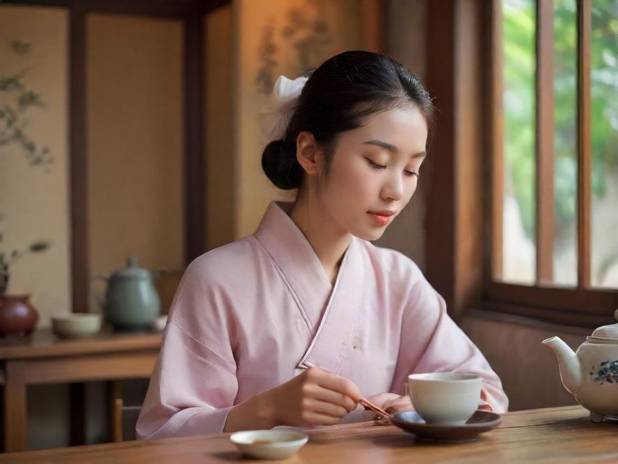 一位气质温婉的广州茶艺师正在茶室中为客人准备新茶，侧面特写展现其专注的神态，背景是温馨雅致的茶室环境，整体呈现出唯美意境。