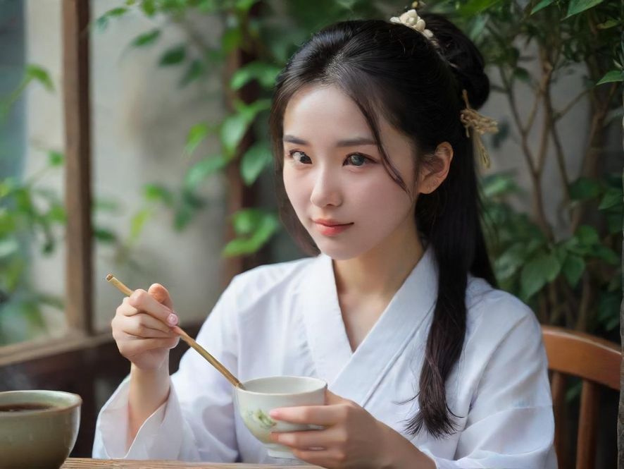 一位气质优雅的女性在广州一间私密会所内，轻柔地品味香茗，展现出从容与知性。