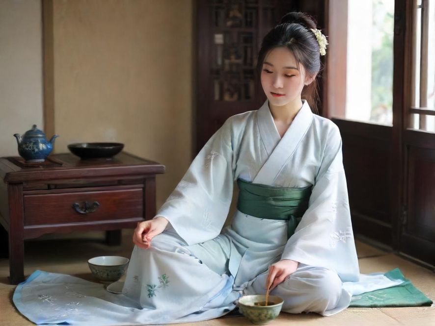 一位气质温婉的茶艺师，在柔和灯光下的雅致茶室中，轻柔地准备茶具，眼神中透露着宁静与专注。