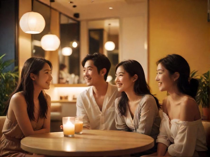 一群年轻朋友在一家温馨的咖啡馆里，围坐在一起，手持咖啡，轻松愉快地聊天，脸上洋溢着笑容。