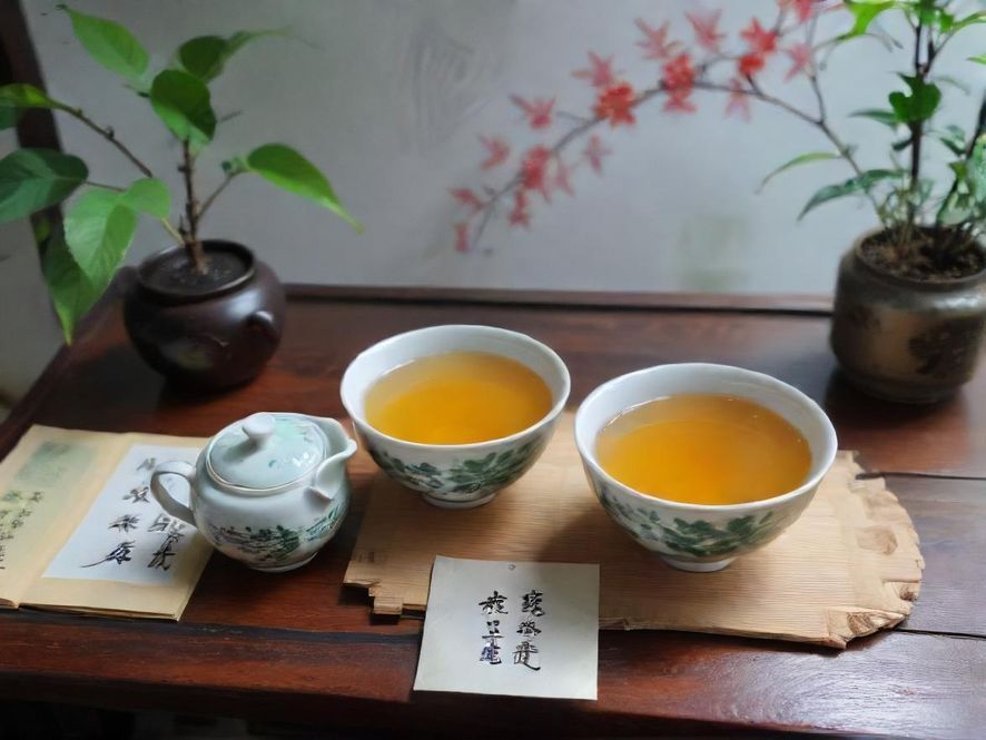 一位广州茶艺师正在精心冲泡茶水，手法优雅，古典茶具在灯光下熠熠生辉，营造出唯美意境。