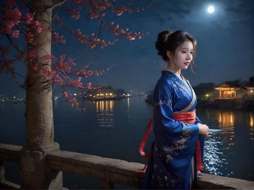 一位身着时尚裙装的女性背影，站在上海滨江大道上，远处是璀璨的陆家嘴夜景，霓虹灯光在江面泛起涟漪，营造出一种神秘而浪漫的都市氛围。