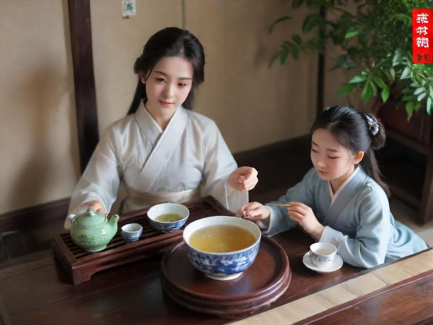 广州一间装潢雅致的私密茶室，柔和的灯光下，一位身着传统服饰的女子正在优雅地品茶，背景是东方风格的屏风和绿植，营造出宁静祥和的氛围。